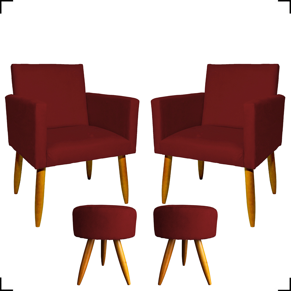 Kit 2 Poltronas Decorativas Reforçadas Para Sala Nina + 2 Puff Redondos Suede Bordo Pé Castanho - Clique E Decore