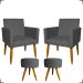 Kit 2 Poltronas Decorativas Reforçadas Para Sala Nina + 2 Puff Redondos Suede Cinza Pé Castanho - Clique E Decore