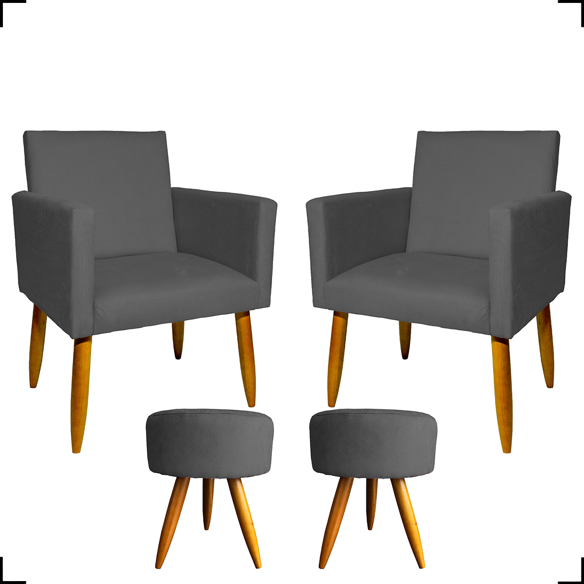 Kit 2 Poltronas Decorativas Reforçadas Para Sala Nina + 2 Puff Redondos Suede Cinza Pé Castanho - Clique E Decore