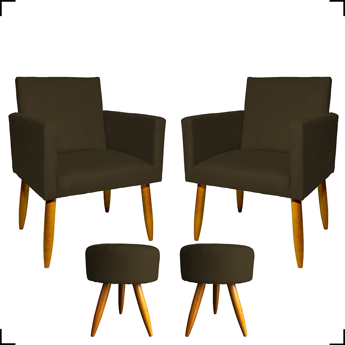 Kit 2 Poltronas Decorativas Reforçadas Para Sala Nina + 2 Puff Redondos Suede Marrom Pé Castanho - Clique E Decore