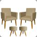 Kit 2 Poltronas Decorativas Reforçadas Para Sala Nina + 2 Puff Redondos Suede Nude Pé Castanho - Clique E Decore
