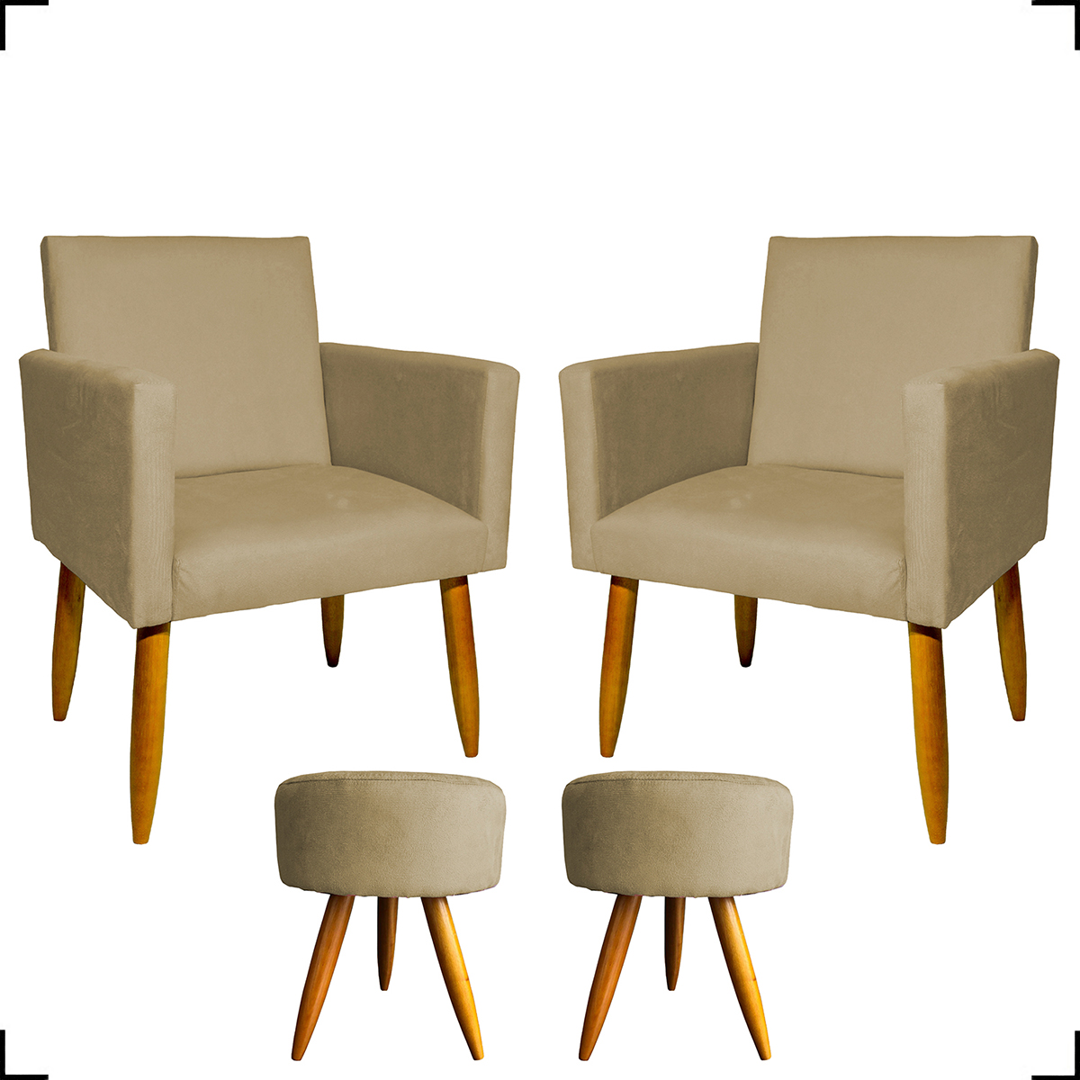Kit 2 Poltronas Decorativas Reforçadas Para Sala Nina + 2 Puff Redondos Suede Nude Pé Castanho - Clique E Decore