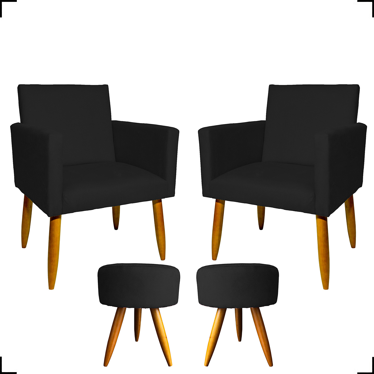 Kit 2 Poltronas Decorativas Reforçadas Para Sala Nina + 2 Puff Redondos Suede Preto Pé Castanho - Clique E Decore