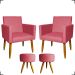 Kit 2 Poltronas Decorativas Reforçadas Para Sala Nina + 2 Puff Redondos Suede Rosê Pé Castanho - Clique E Decore