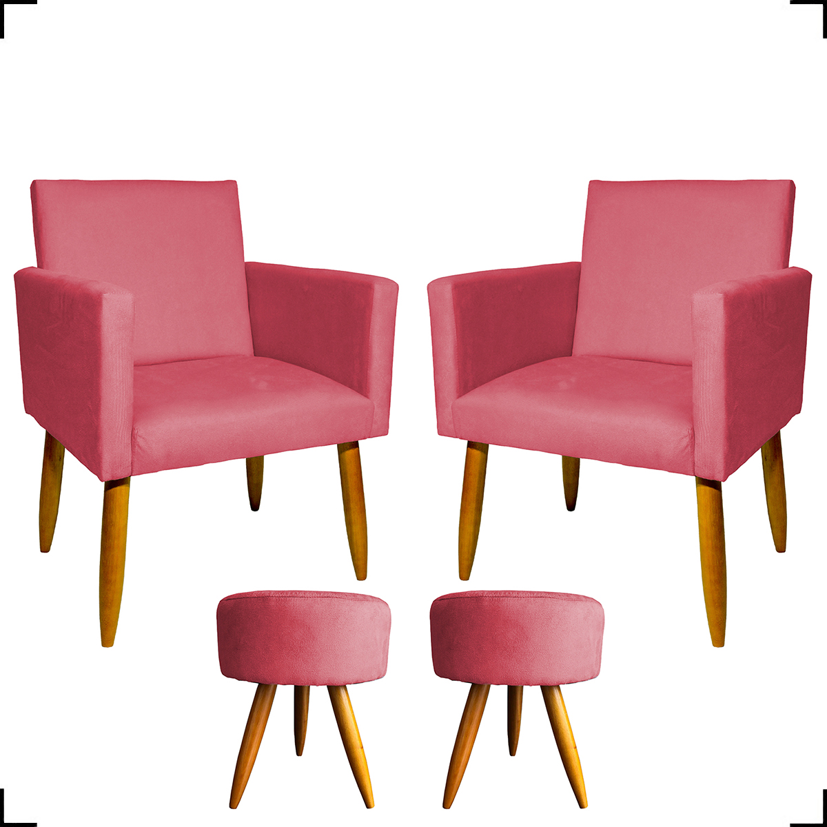 Kit 2 Poltronas Decorativas Reforçadas Para Sala Nina + 2 Puff Redondos Suede Rosê Pé Castanho - Clique E Decore