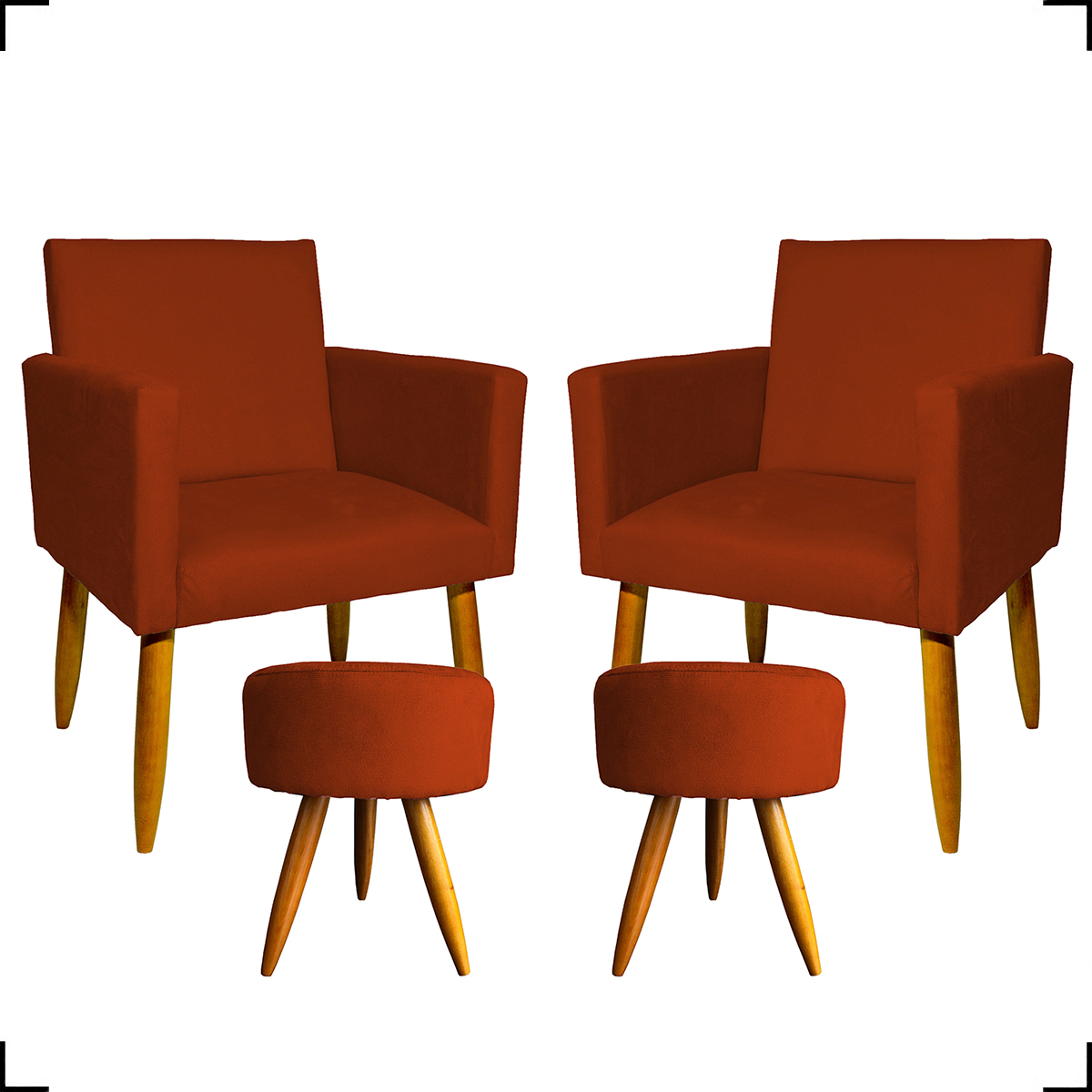 Kit 2 Poltronas Decorativas Reforçadas Para Sala Nina + 2 Puff Redondos Suede Terracota Pé Castanho - Clique E Decore