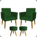 Kit 2 Poltronas Decorativas Reforçadas Para Sala Nina + 2 Puff Redondos Suede Verde Pé Castanho - Clique E Decore