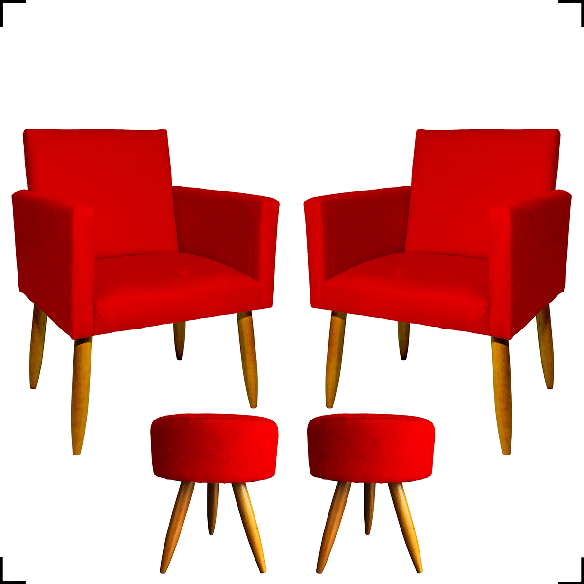 Kit 2 Poltronas Decorativas Reforçadas Para Sala Nina + 2 Puff Redondos Suede Vermelho Pé Castanho - Clique E Decore