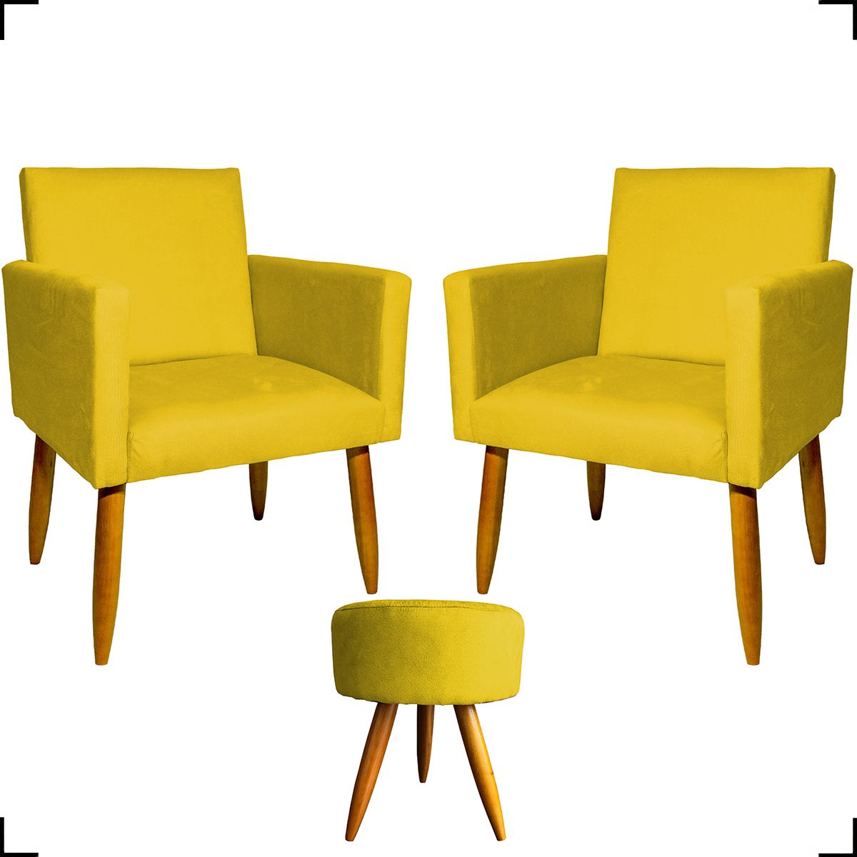 Kit 2 Poltronas Decorativas Reforçadas Para Sala Nina + Puff Redondo Suede Amarelo Pé Castanho - Clique E Decore
