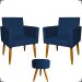 Kit 2 Poltronas Decorativas Reforçadas Para Sala Nina + Puff Redondo Suede Azul Marinho Pé Castanho - Clique E Decore