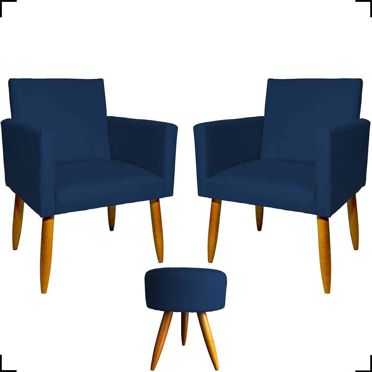 Kit 2 Poltronas Decorativas Reforçadas Para Sala Nina + Puff Redondo Suede Azul Marinho Pé Castanho - Clique E Decore