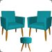 Kit 2 Poltronas Decorativas Reforçadas Para Sala Nina + Puff Redondo Suede Azul Turquesa Pé Castanho - Clique E Decore