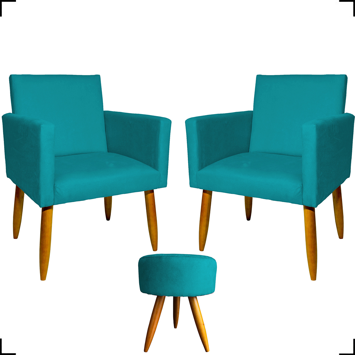 Kit 2 Poltronas Decorativas Reforçadas Para Sala Nina + Puff Redondo Suede Azul Turquesa Pé Castanho - Clique E Decore