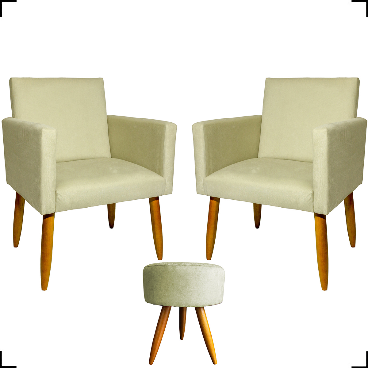 Kit 2 Poltronas Decorativas Reforçadas Para Sala Nina + Puff Redondo Suede Bege Pé Castanho - Clique E Decore