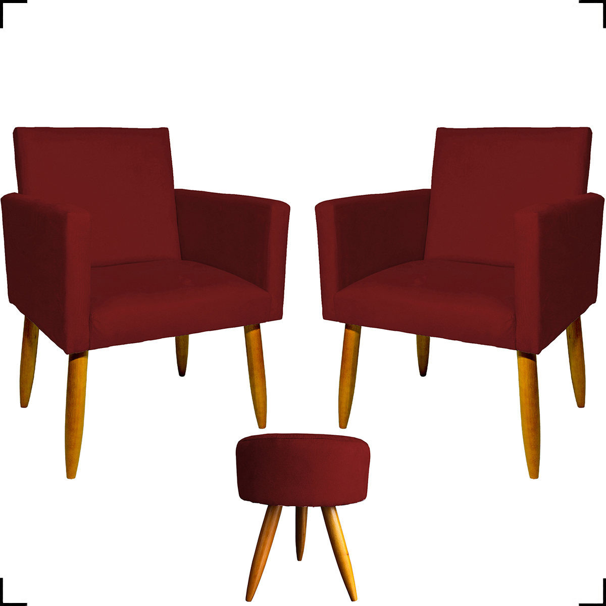Kit 2 Poltronas Decorativas Reforçadas Para Sala Nina + Puff Redondo Suede Bordô Pé Castanho - Clique E Decore
