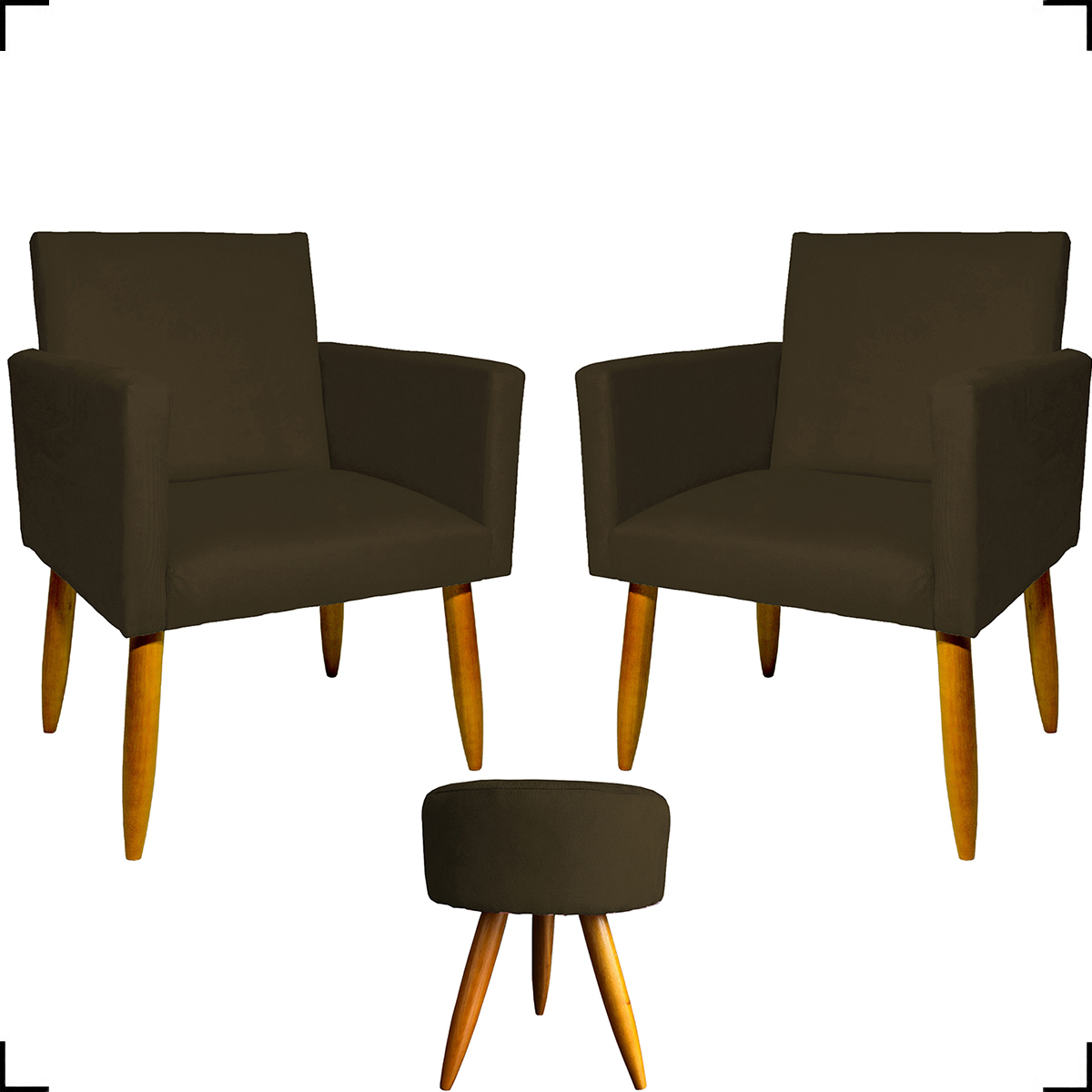 Kit 2 Poltronas Decorativas Reforçadas Para Sala Nina + Puff Redondo Suede Marrom Pé Castanho - Clique E Decore