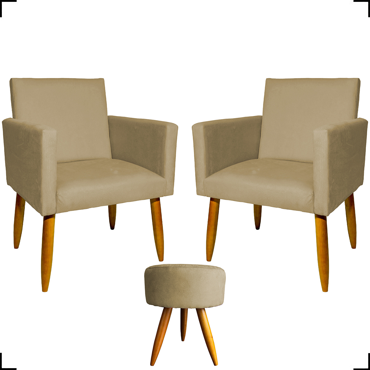 Kit 2 Poltronas Decorativas Reforçadas Para Sala Nina + Puff Redondo Suede Nude Pé Castanho - Clique E Decore