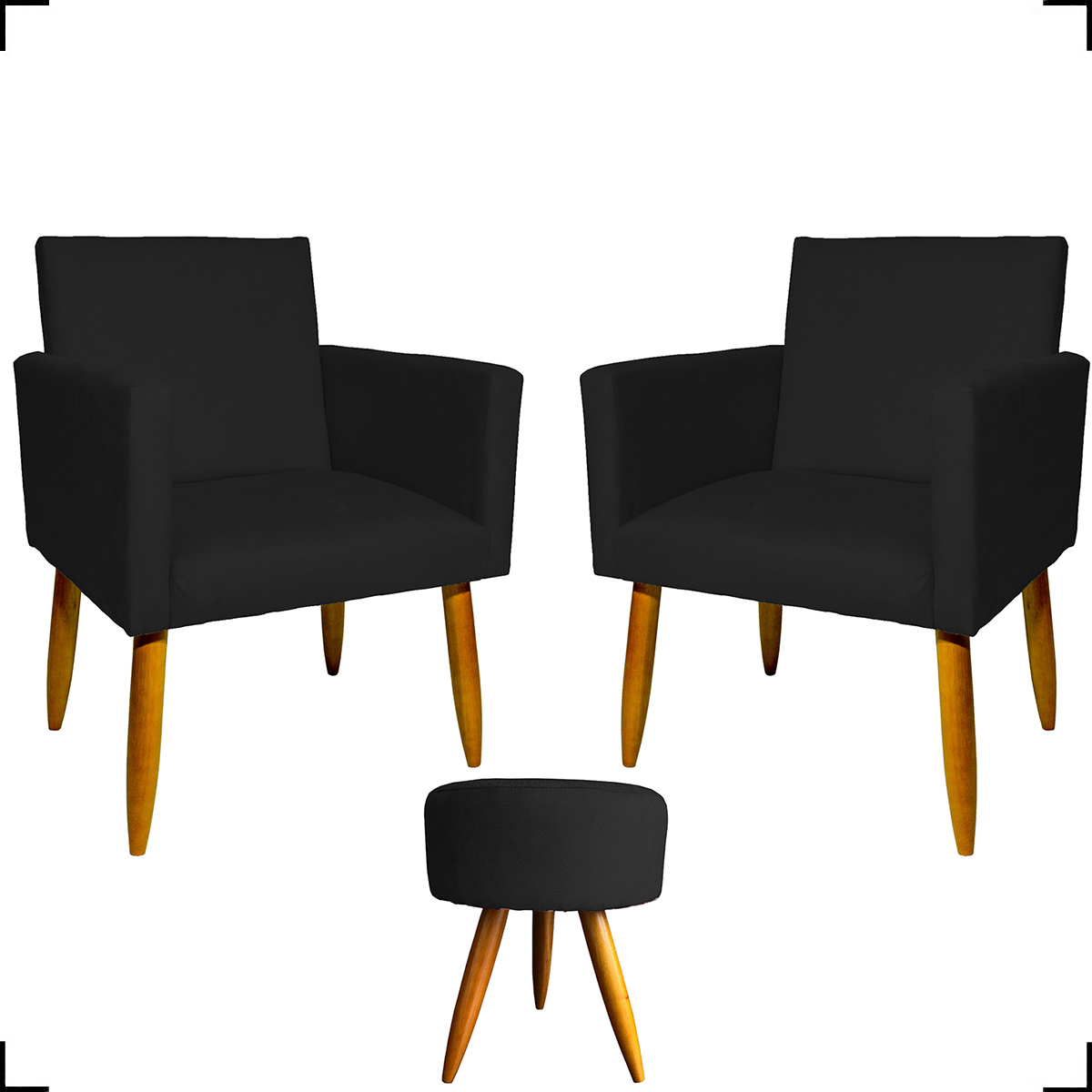 Kit 2 Poltronas Decorativas Reforçadas Para Sala Nina + Puff Redondo Suede Preto Pé Castanho - Clique E Decore