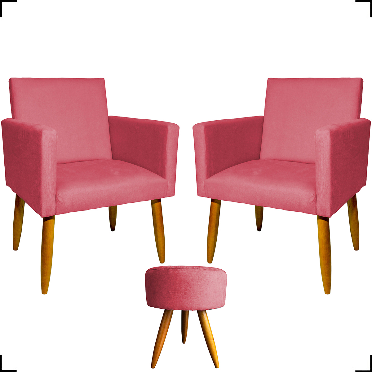 Kit 2 Poltronas Decorativas Reforçadas Para Sala Nina + Puff Redondo Suede Rosê Pé Castanho - Clique E Decore