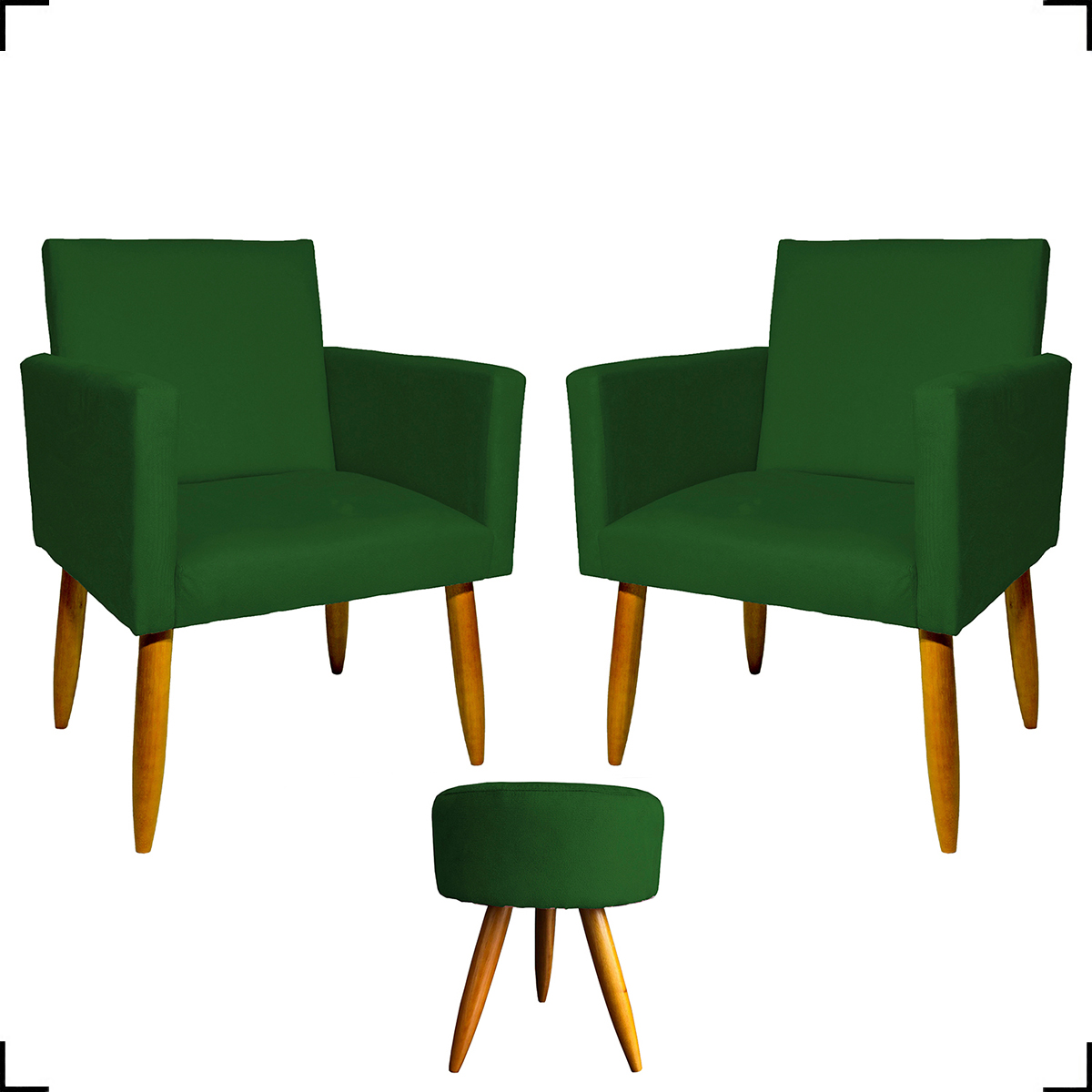 Kit 2 Poltronas Decorativas Reforçadas Para Sala Nina + Puff Redondo Suede Verde Pé Castanho - Clique E Decore