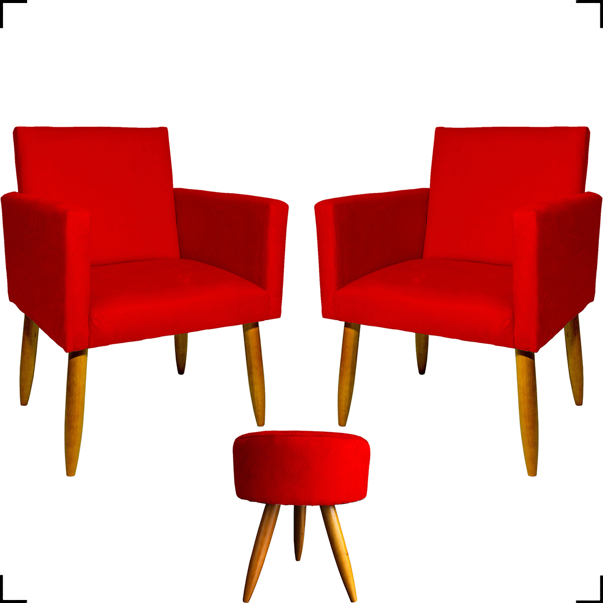 Kit 2 Poltronas Decorativas Reforçadas Para Sala Nina + Puff Redondo Suede Vermelho Pé Castanho - Clique E Decore
