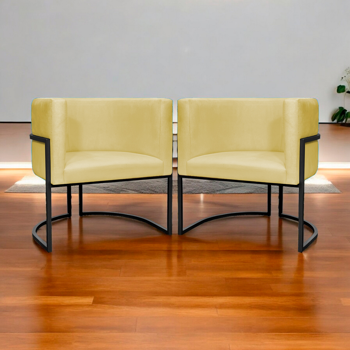 Kit 2 Poltronas Luna Suede AMARELO Base de Ferro PRETA