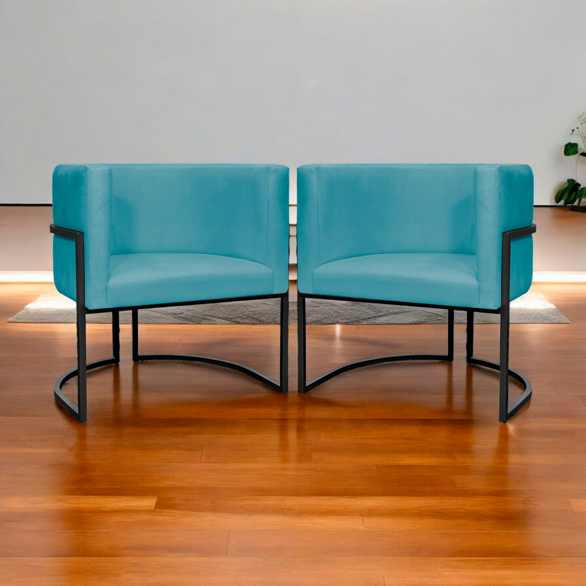 Kit 2 Poltronas Luna Suede AZUL TURQUESA Base de Ferro PRETA