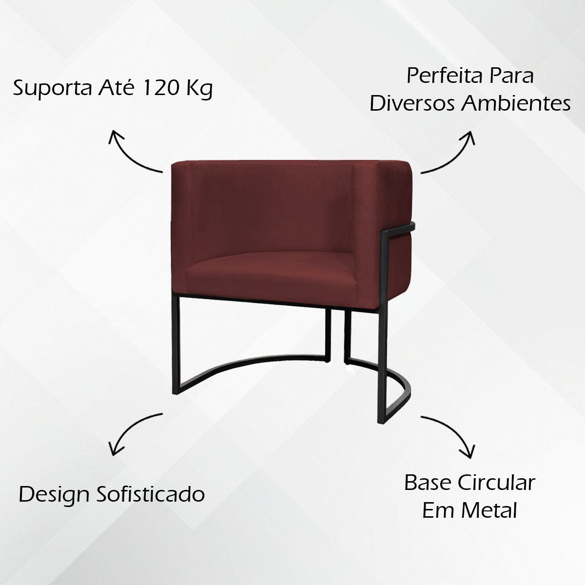 Kit 2 Poltronas Luna Suede BORDÔ Base de Ferro PRETA