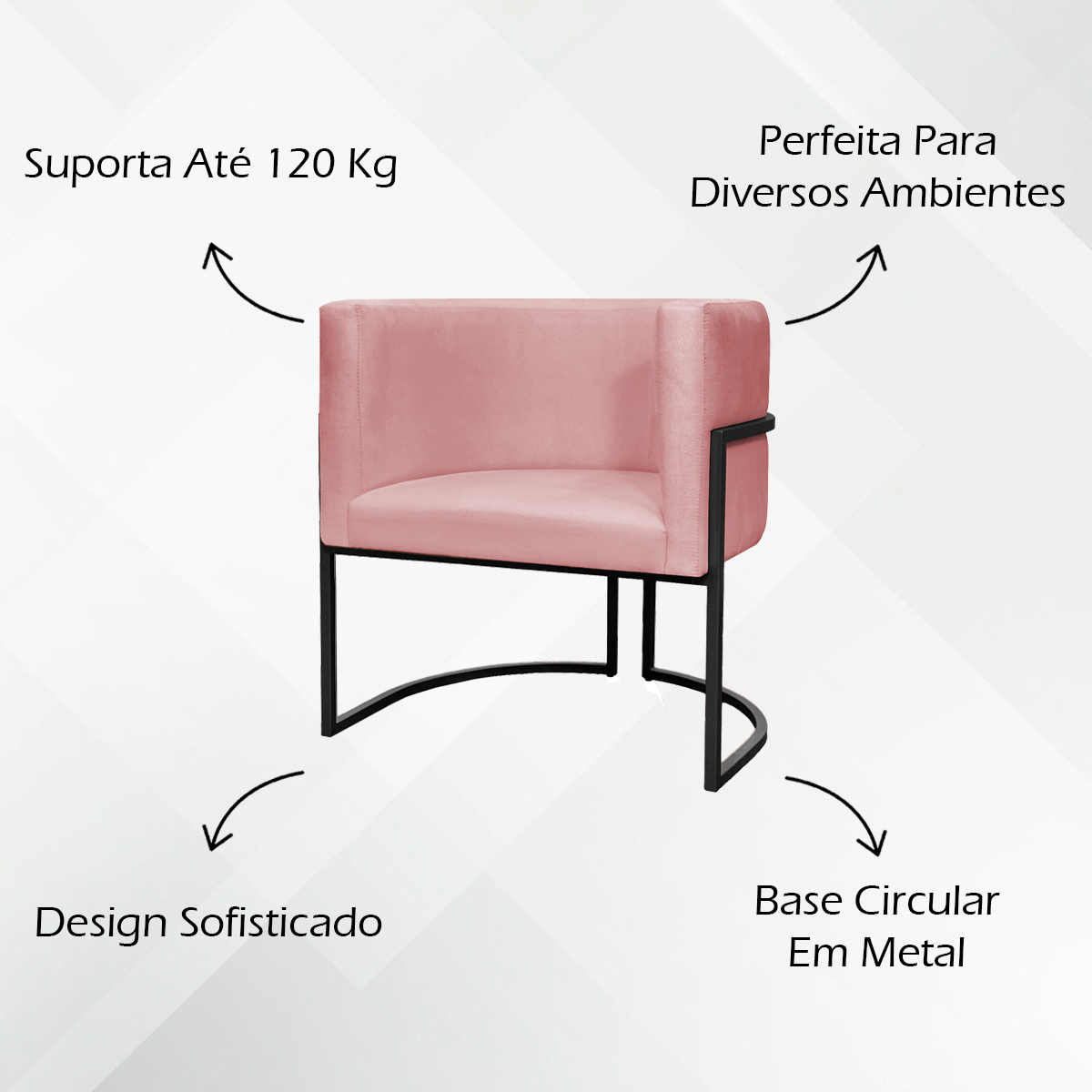 Kit 2 Poltronas Luna Suede ROSÊ Base de Ferro PRETA