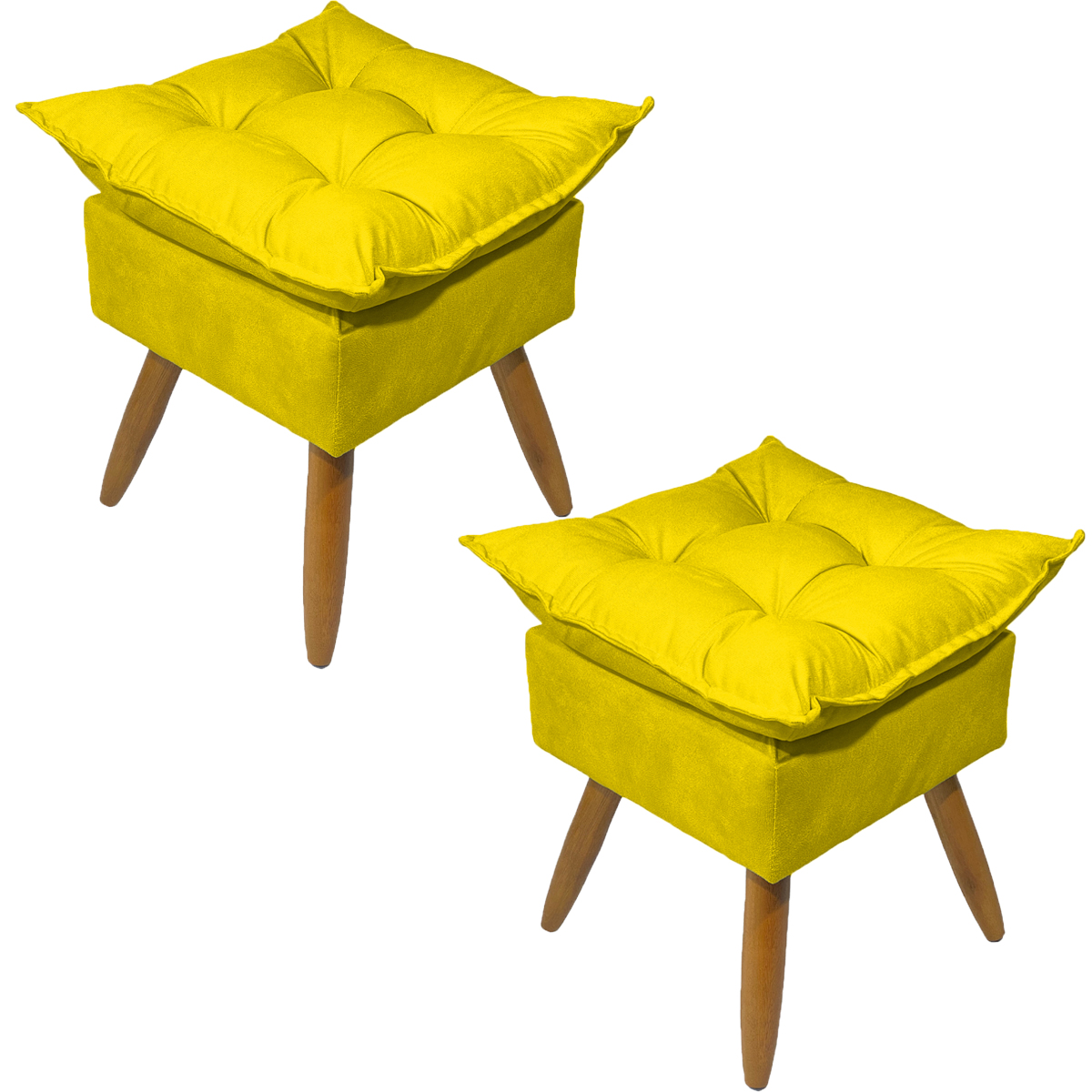 Kit 2 Puff Decorativo Para Sala, Penteadeira, Manicure Alice Suede Amarelo Pé Castanho - Clique E Decore