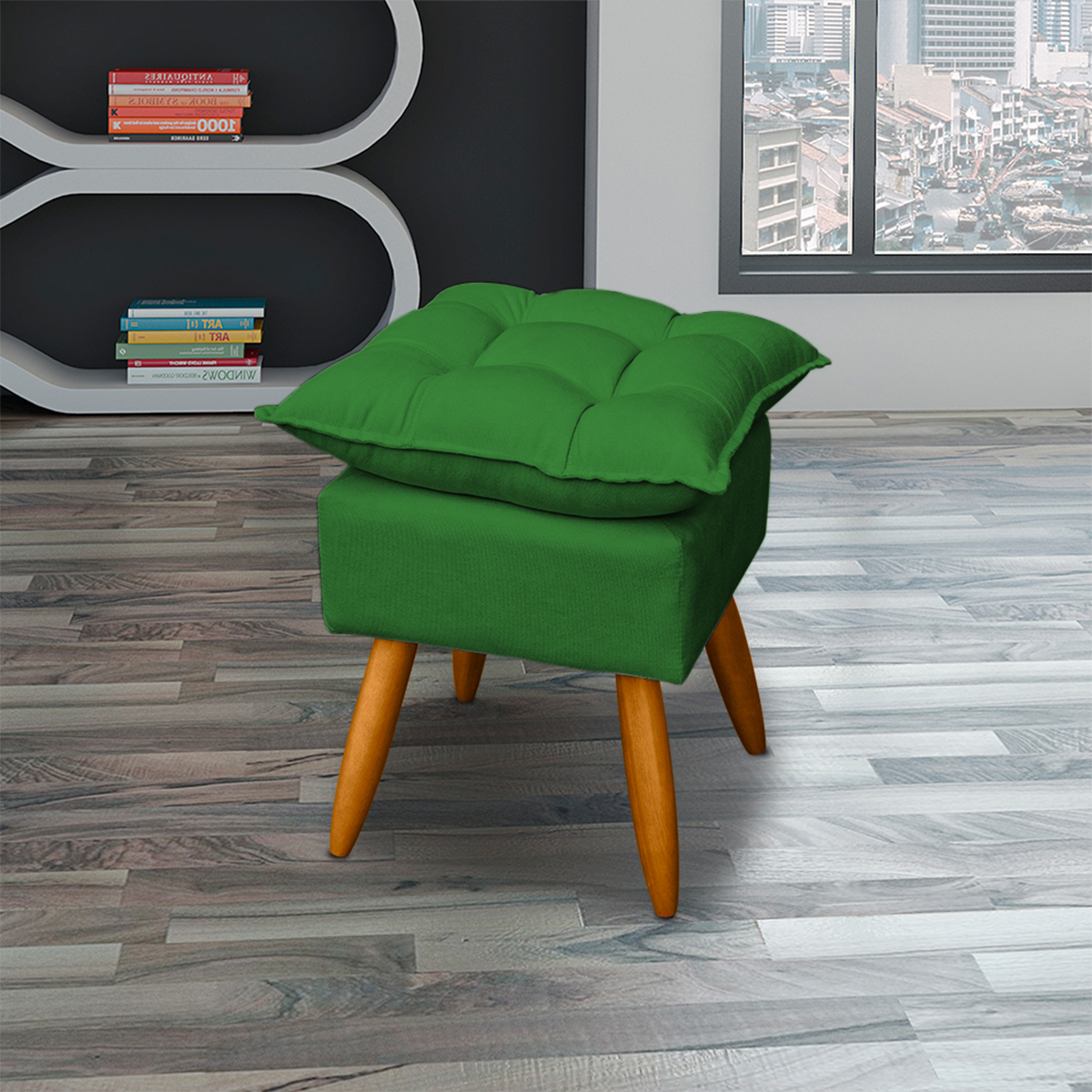 Kit 2 Puff Decorativo Para Sala, Penteadeira, Manicure Alice Suede Verde Pé Castanho - Clique E Decore