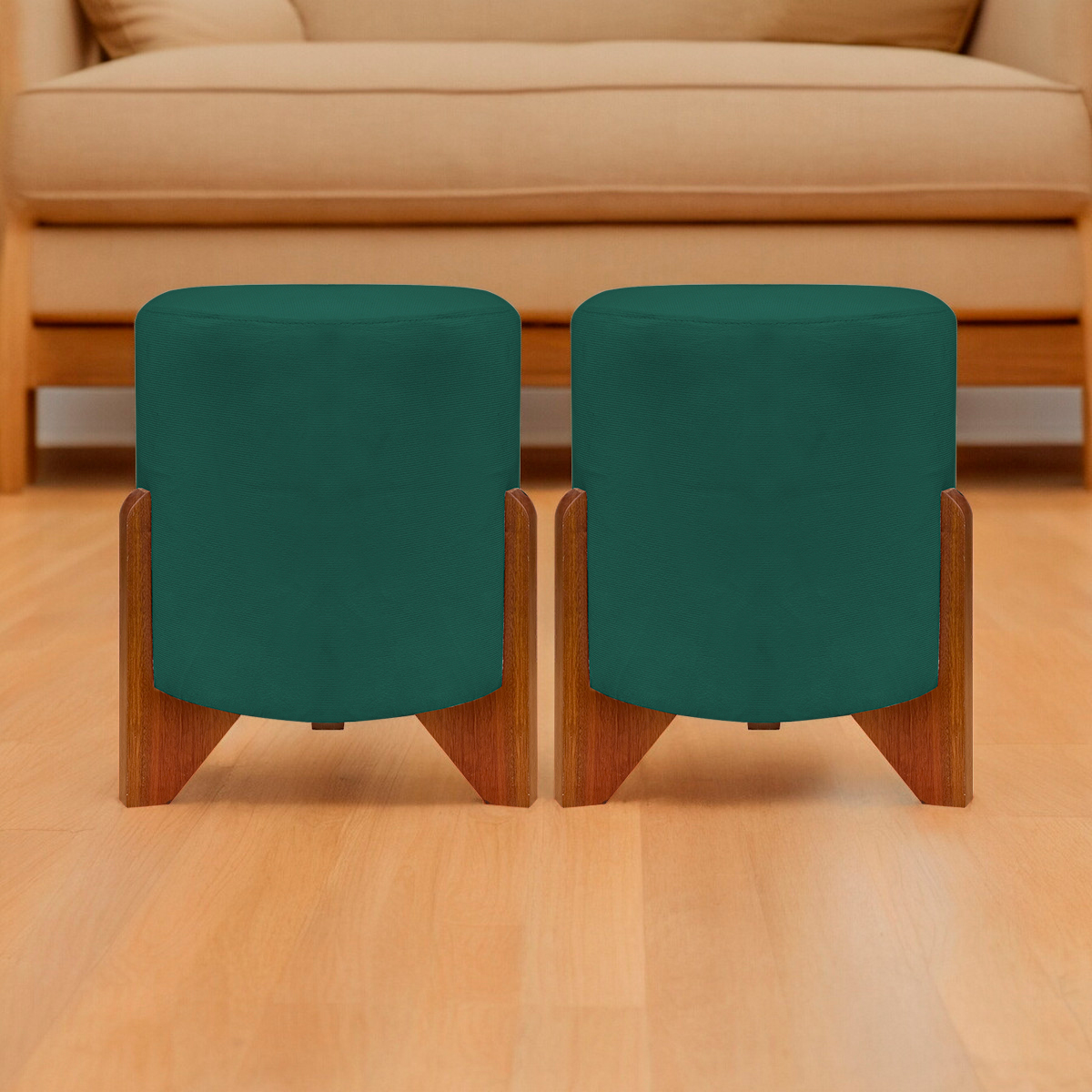 Kit 2 Puff Decorativo Redondo Confortável Para Sala Penteadeira Eloah Suede Verde