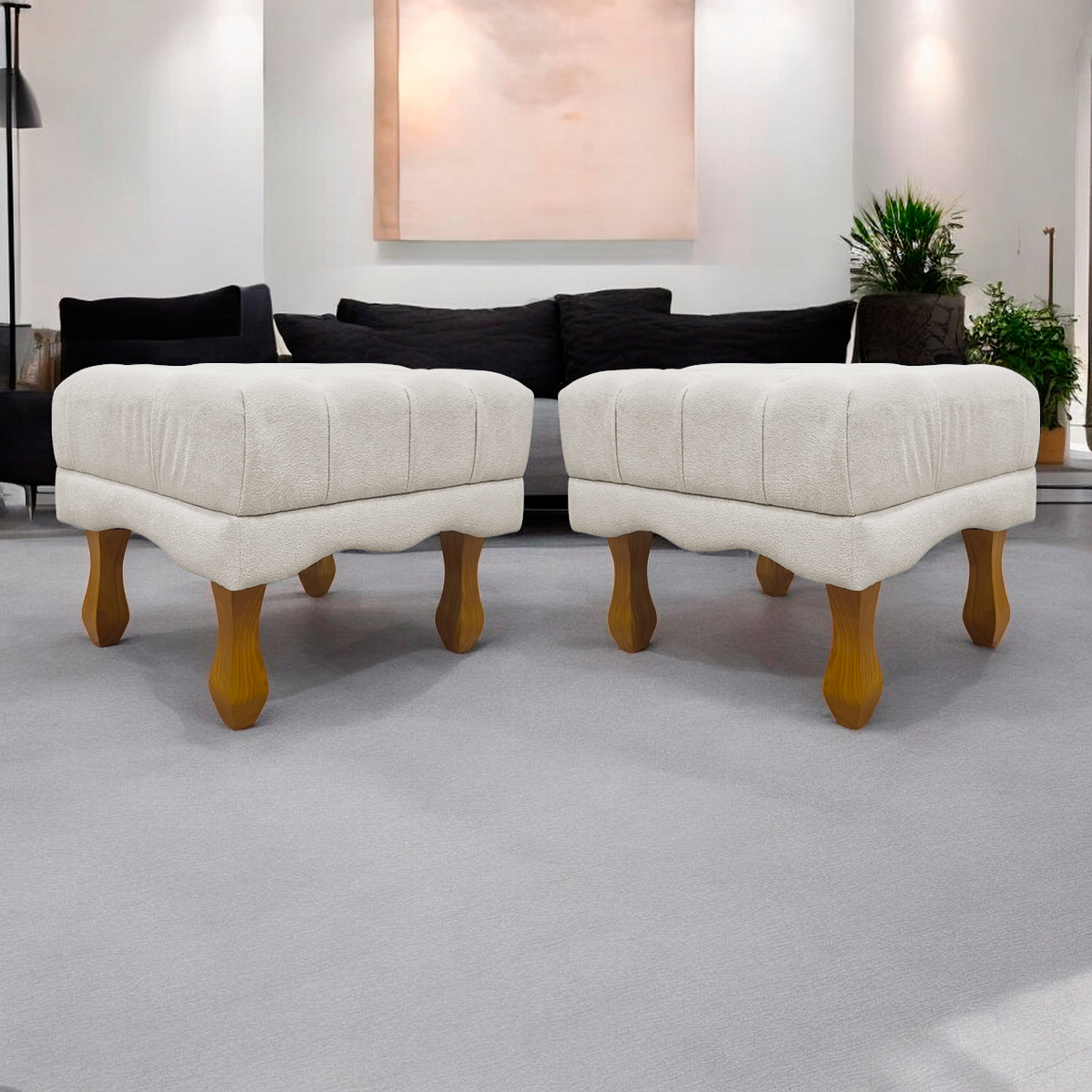 Kit 2 Puff Decorativo Retangular Para Sala Quarto Penteadeira Duque Luxo Bouclé Capitonê Bege