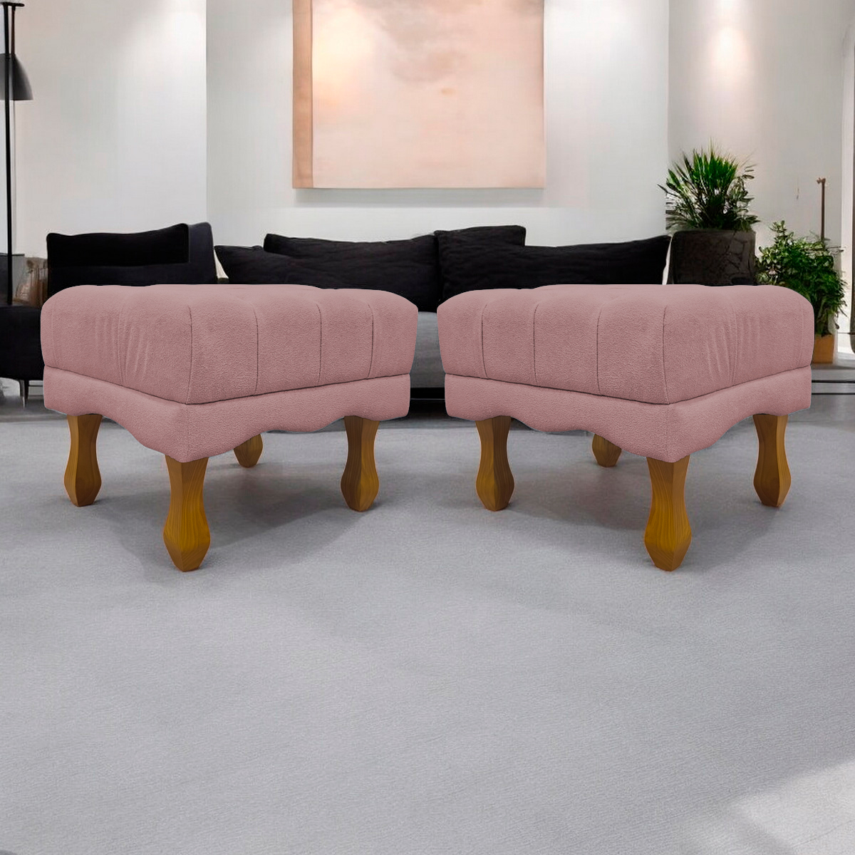 Kit 2 Puff Decorativo Retangular Para Sala Quarto Penteadeira Duque Luxo Bouclé Capitonê Rosê