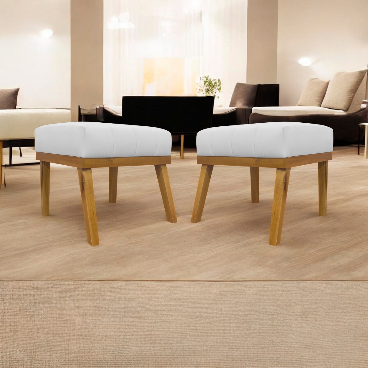 Kit 2 Puff Decorativo Retangular Para Sala Quarto Penteadeira Firenze Corino Branco