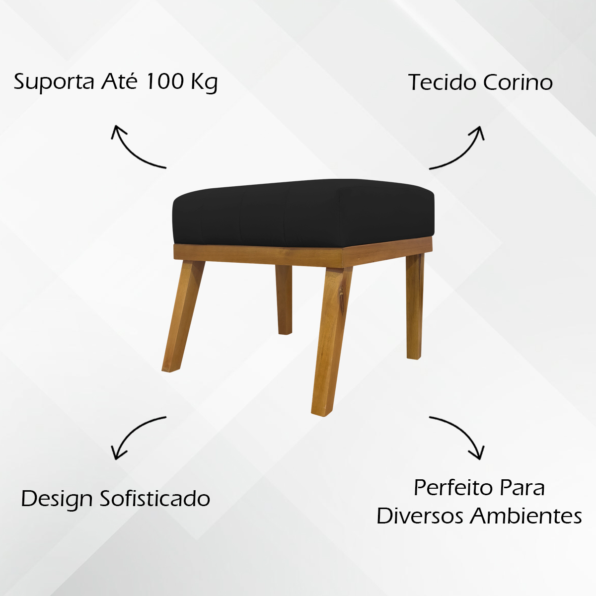 Kit 2 Puff Decorativo Retangular Para Sala Quarto Penteadeira Firenze Corino Preto