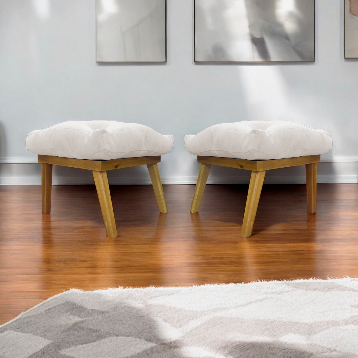 Kit 2 Puff Decorativo Retangular Para Sala Quarto Penteadeira Marty Linho Off White