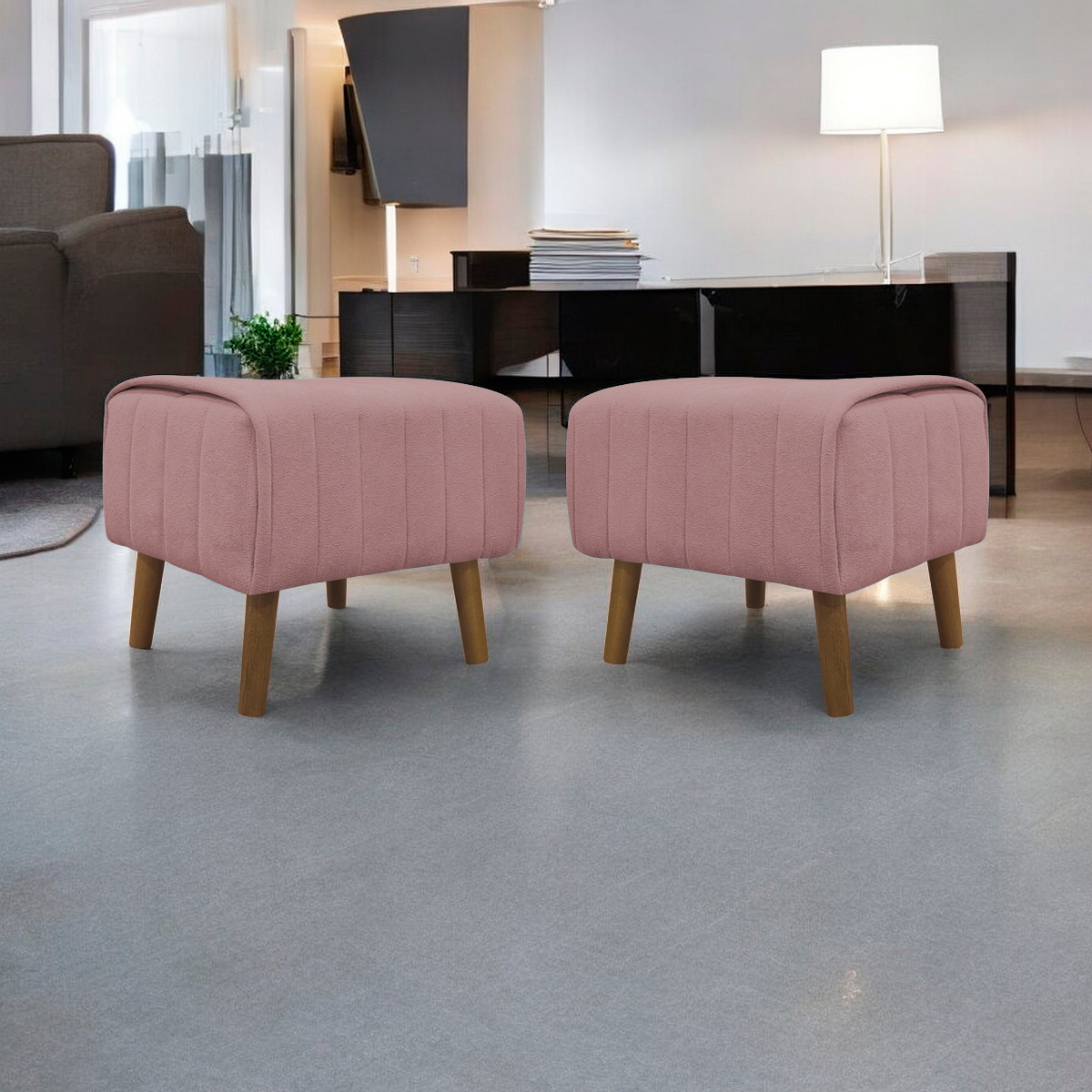 Kit 2 Puff Decorativo Retangular Para Sala Quarto Penteadeira Verso Bouclé Rose