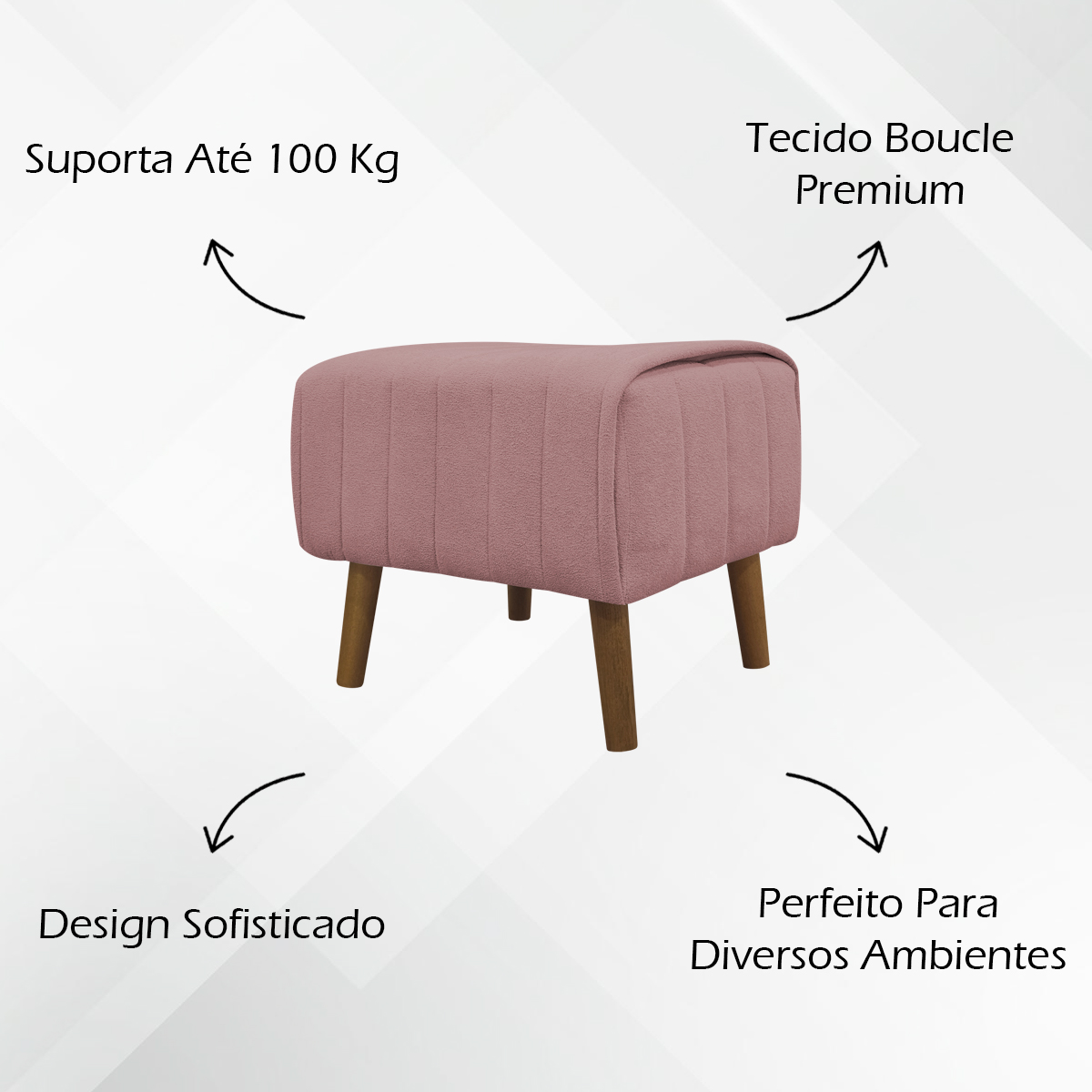 Kit 2 Puff Decorativo Retangular Para Sala Quarto Penteadeira Verso Bouclé Rose