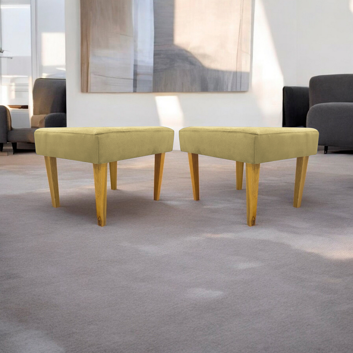Kit 2 Puff Decorativos Charme Para Sala, Quarto, Recepção Suede Nude Pé Castanho - Clique E Decore