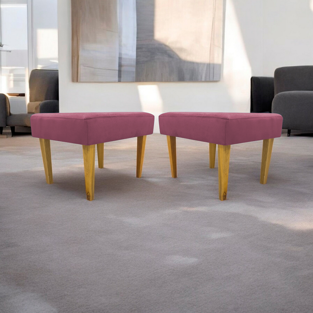 Kit 2 Puff Decorativos Charme Para Sala, Quarto, Recepção Suede Rosé Pé Castanho - Clique E Decore