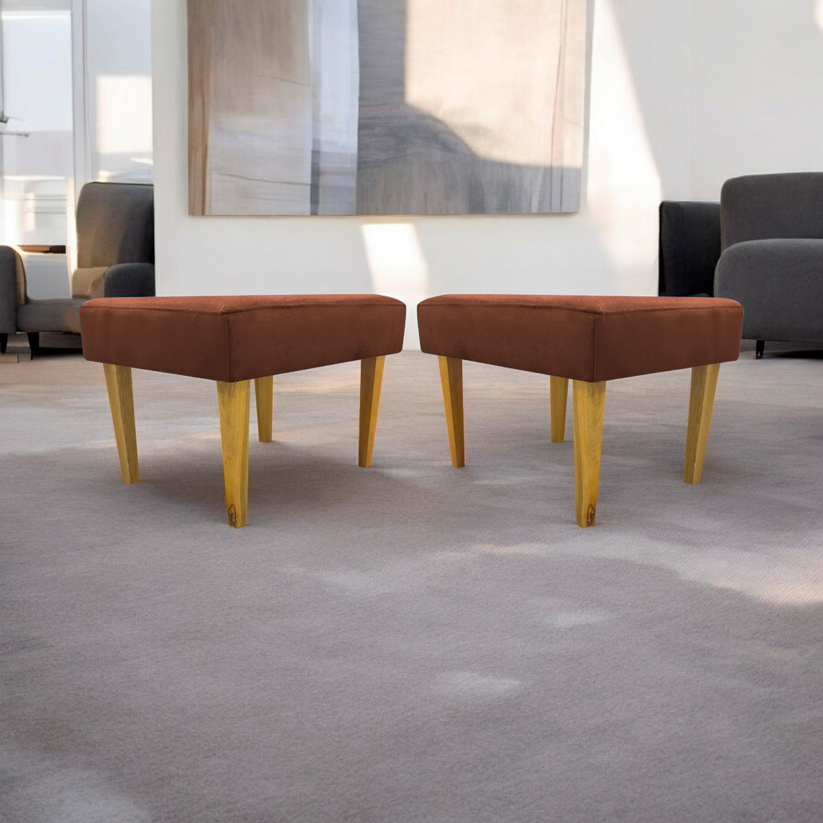 Kit 2 Puff Decorativos Charme Para Sala, Quarto, Recepção Suede Terracota Pé Castanho - Clique E Decore