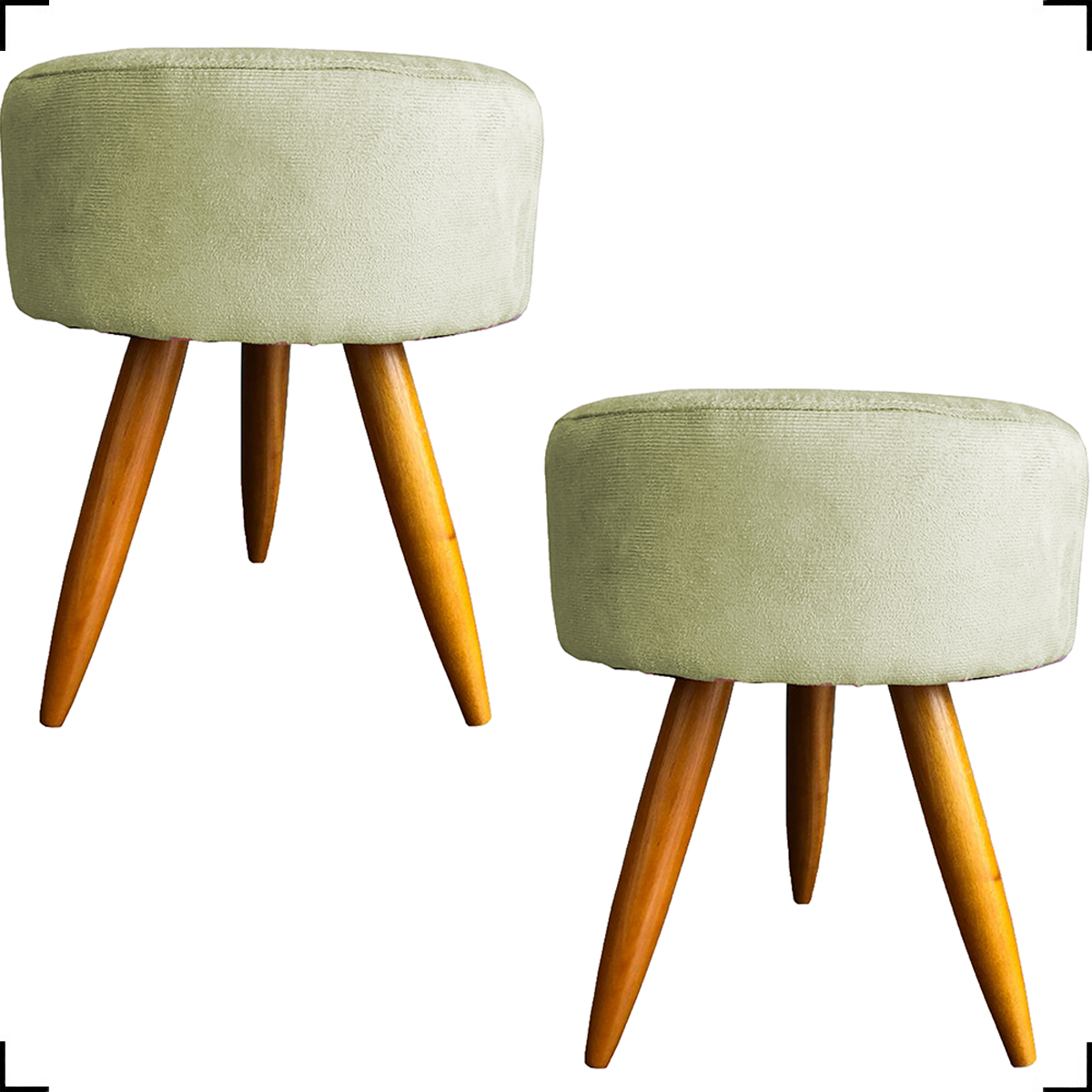 Kit 2 Puff Decorativos Para Sala, Quarto, Manicure Redondo Suede Bege Pé Castanho - Clique E Decore