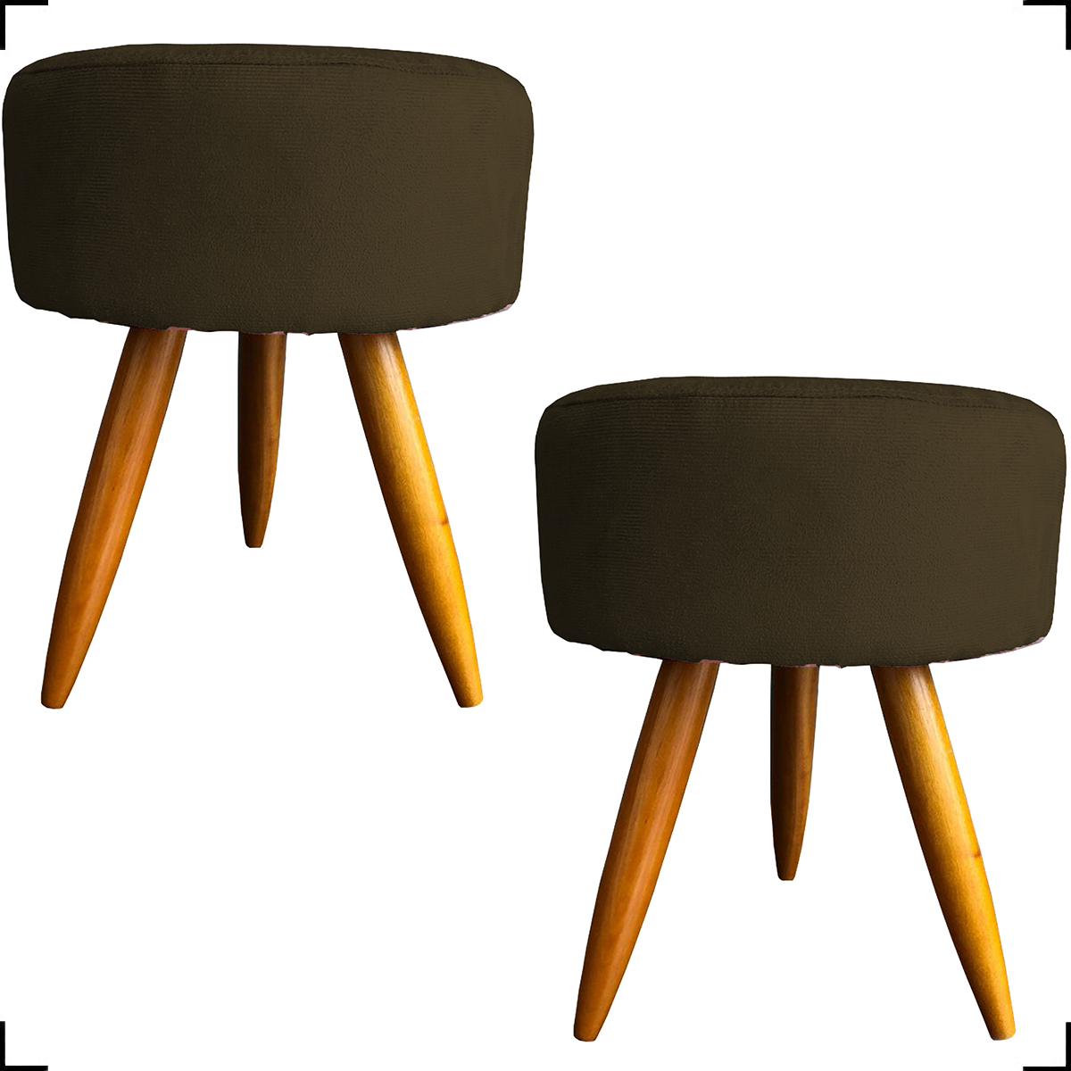 Kit 2 Puff Decorativos Para Sala, Quarto, Manicure Redondo Suede Marrom Pé Castanho - Clique E Decore