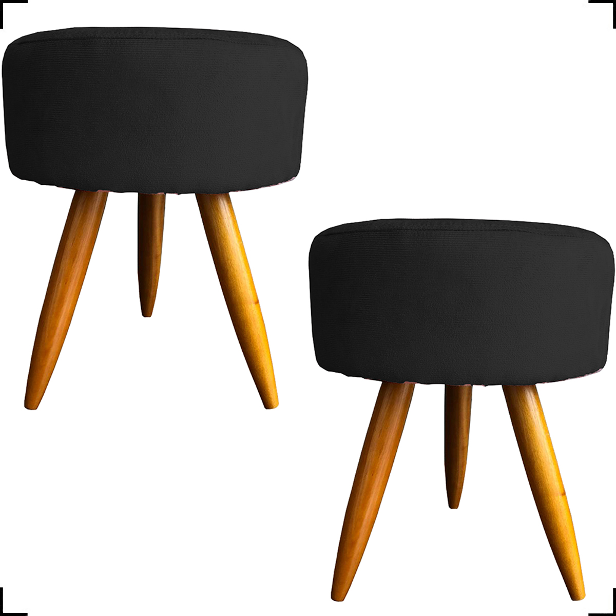 Kit 2 Puff Decorativos Para Sala, Quarto, Manicure Redondo Suede Preto Pé Castanho - Clique E Decore