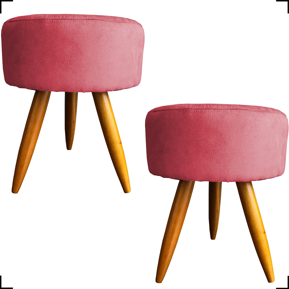 Kit 2 Puff Decorativos Para Sala, Quarto, Manicure Redondo Suede Rosé Pé Castanho - Clique E Decore