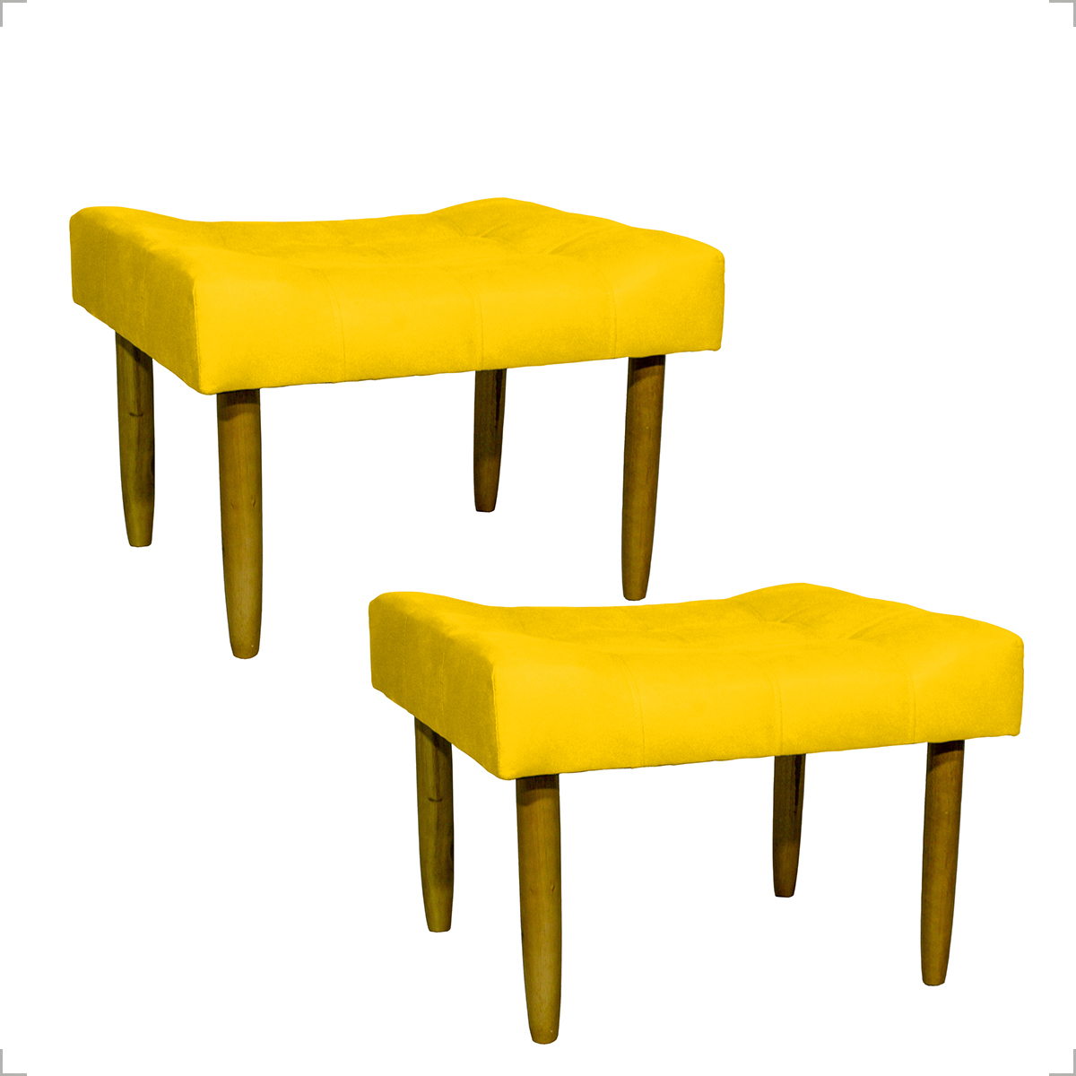 Kit 2 Puff Decorativos Para Sala, Quarto, Penteadeira Requinte Suede Amarelo Pé Castanho - Clique E Decore