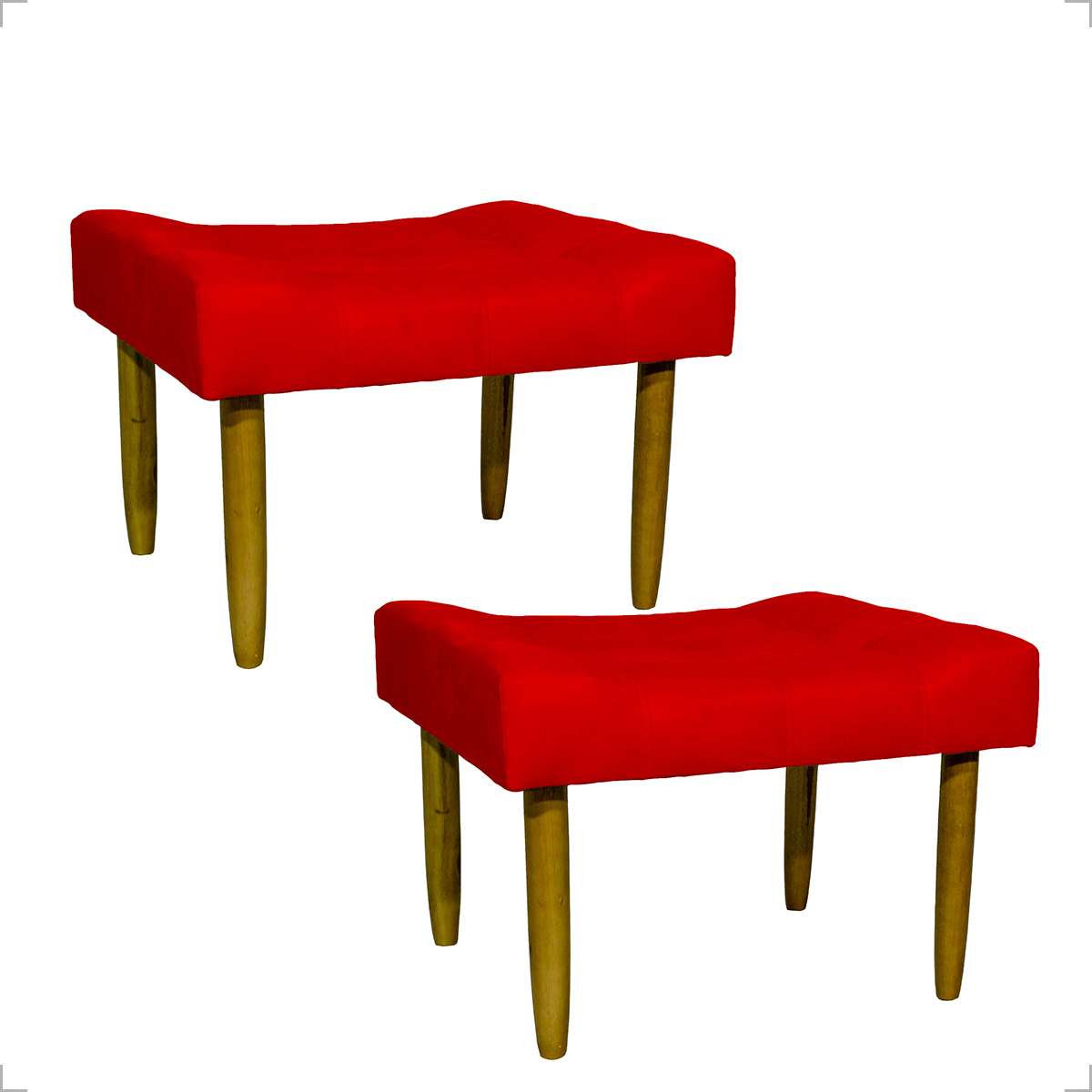 Kit 2 Puff Decorativos Para Sala, Quarto, Penteadeira Requinte Suede Vermelho Pé Castanho - Clique E Decore