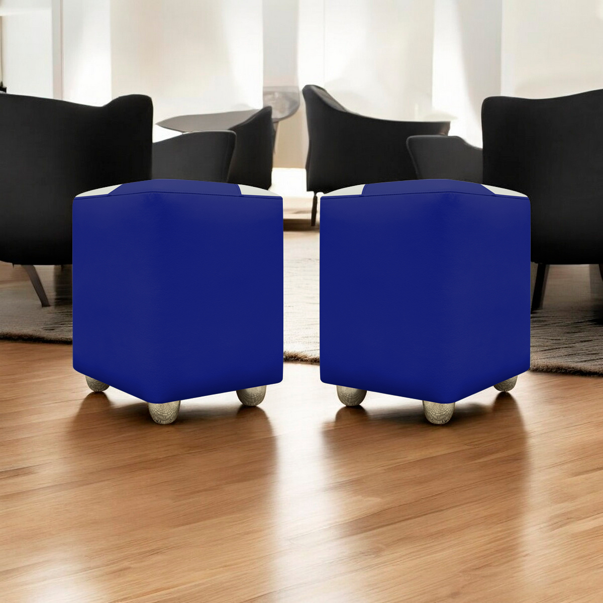 Kit 2 Puffs Decorativos Quadrados Para Sala Penteadeira Urban Tecido Corino Azul Royal e Bege