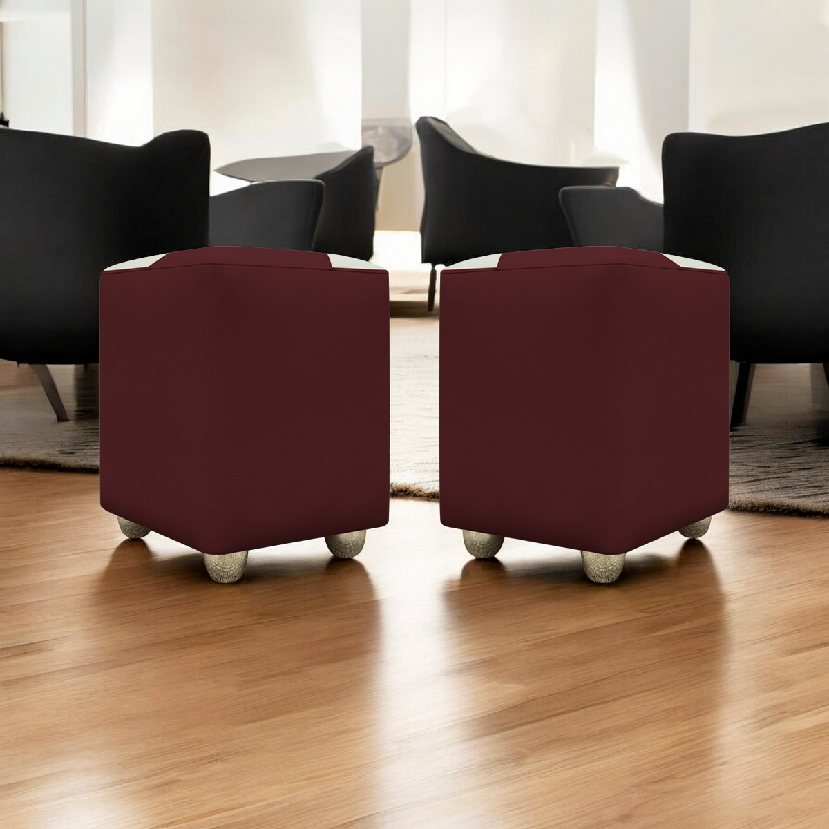 Kit 2 Puffs Decorativos Quadrados Para Sala Penteadeira Urban Tecido Corino Bordo e Bege